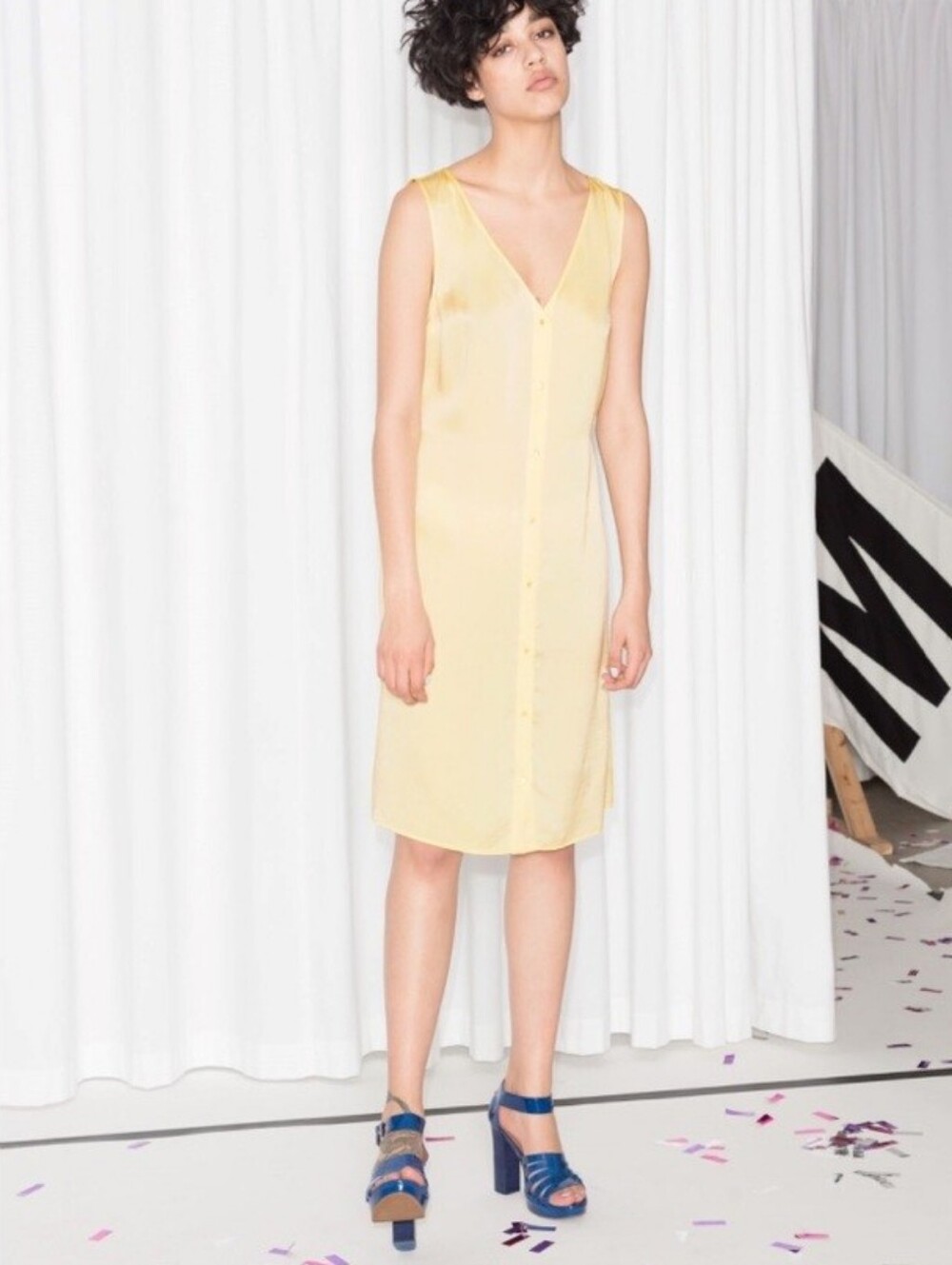 & Other Stories Rachel Antonoff Midi Silk Dress Button Front Size 8 Yellow